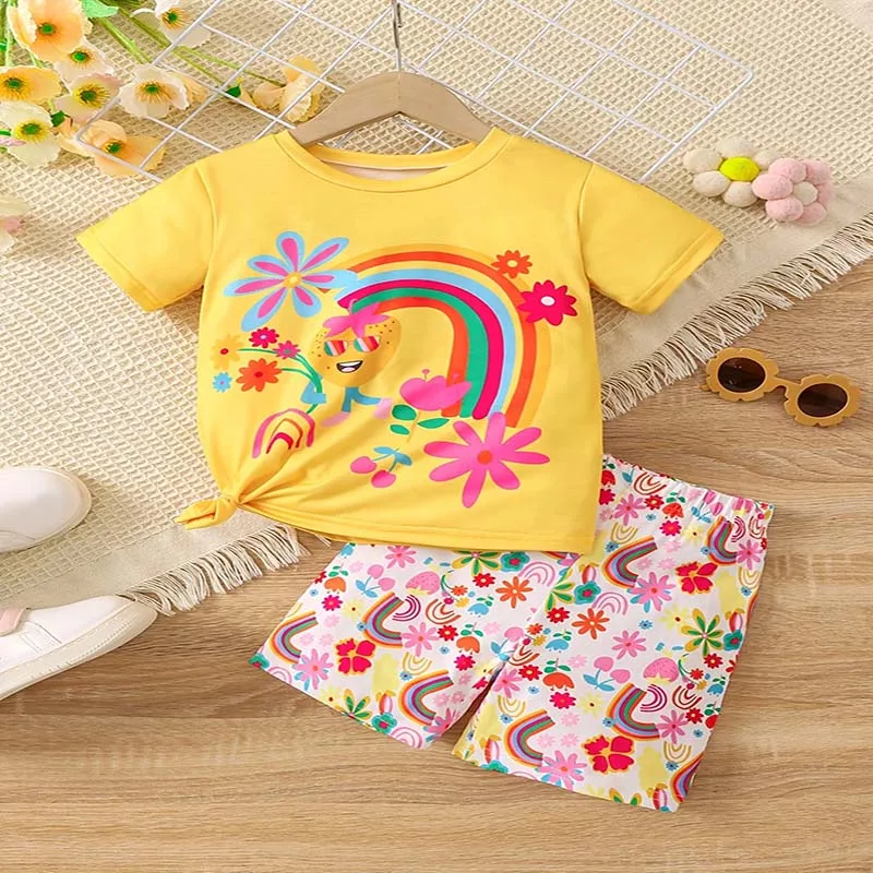 New Fashion Girls' printed short-sleeved T-shirt and shorts & Rainbow Cartoon painted  & Casual Cool Comfort Outfit set