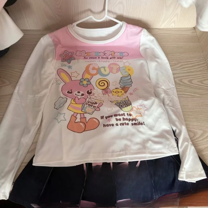 Y2k Japanese Kawaii Cartoon Print Tops Women Harajuku Cute Slim T-shirt Aesthetic Preppy Style Fairy Grunge Long Sleve Tee Shirt