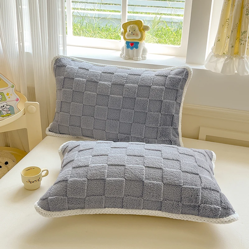 Plush Warm Flannel Pillowcase,Grid Textured Fuzzy Pillow Cover with Fixing Strap,Snug Soft Non-Shedding Thick Fluffy Pillow Case
