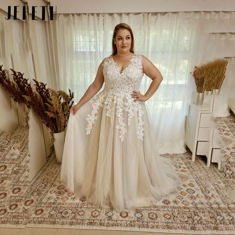 

JEHETH V-Neck A-Line Wedding Dresses Plus Size Spaghetti Straps Tulle Sleeveless Bridal Gowns Sexy Appliques Lace Robe De Mariée