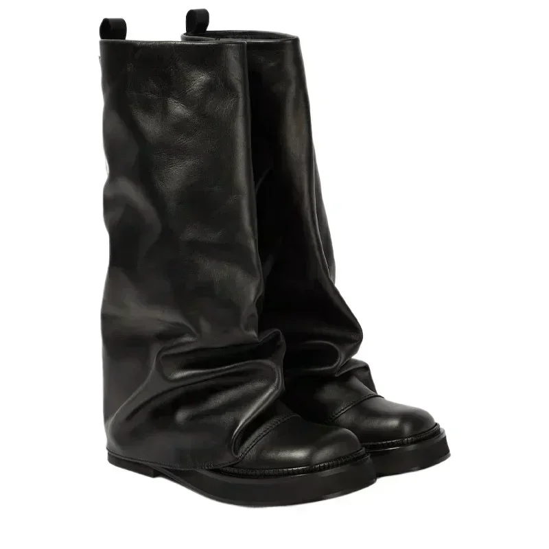 Women's Slouchy Knee High Boots Folded Leather Design Chunky Black Sole Trendy Streetwear Footwear Edgy Fashion Statement Boots