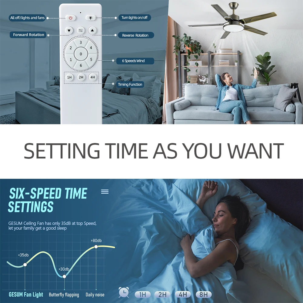 مروحة سقف جيلينا مقاس 52 بوصة مع جهاز تحكم عن بعد خفيف وغرفة المعيشة وغرفة الطعام وغرفة النوم ومروحة منزلية قابلة للعكس بقوة الرياح العالية