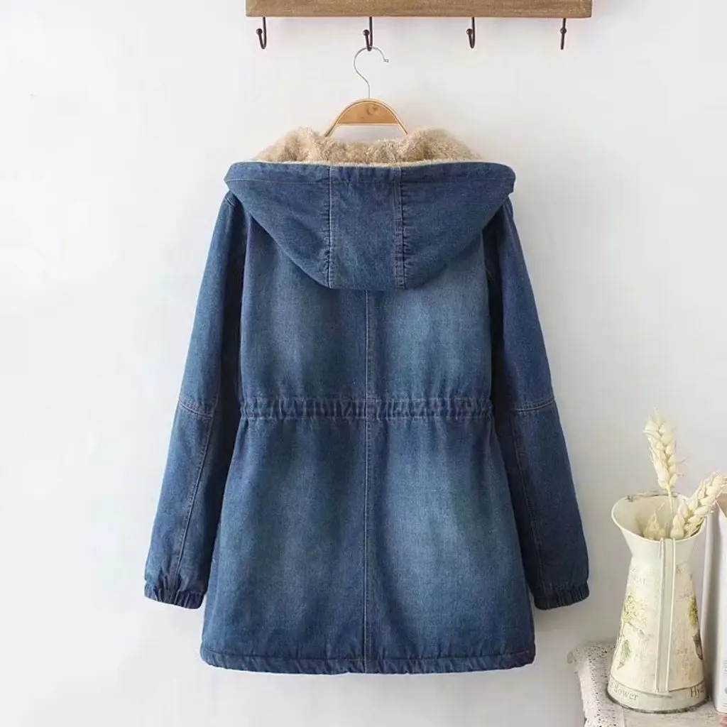 

Women's Winter Lambswool Cotton-Padded Coat Japanese College Style Thickened Hooded Mid-Length Denim Waist-Tight Design