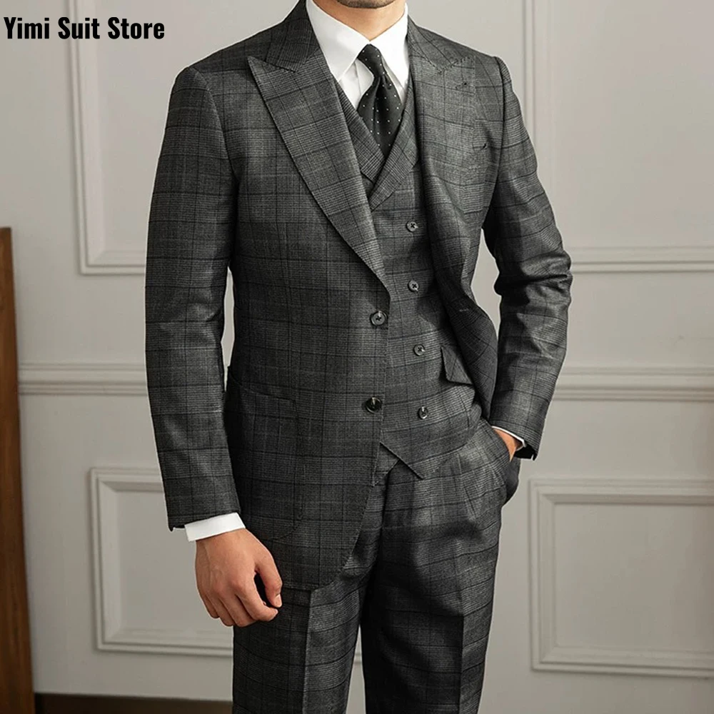 YiMinpwp Herrenanzug, 3-teiliges Set, kariert, klassische Anlasskleidung, formelle Hochzeit, Business-Anzug für Männer, Sets, Smoking, Jacke + Weste + Hose