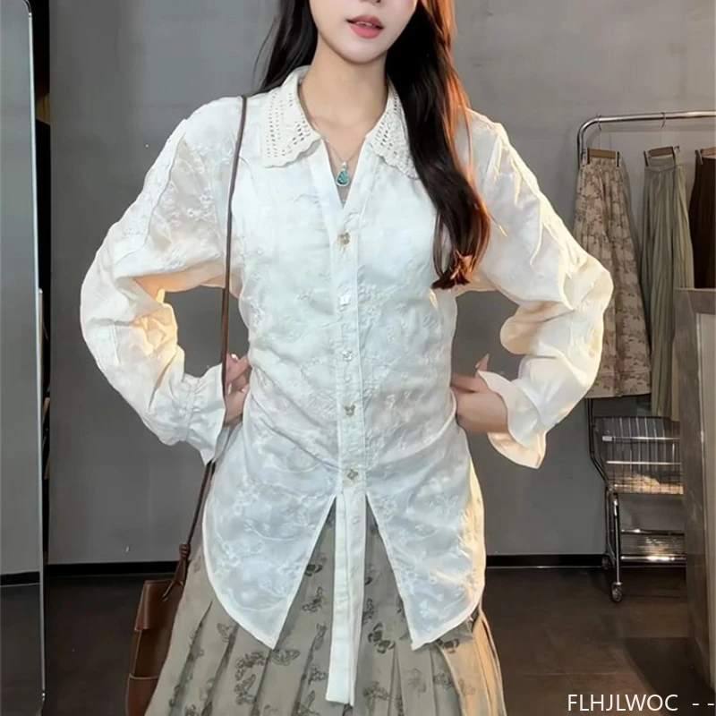 Mori Meisjes Zuid-Korea Leuke Zoete Borduren Tops Vrouwen FLHJLWOC Preppy Stijl Datum Meisjes Vintage Kant Transparante Shirts Blouses
