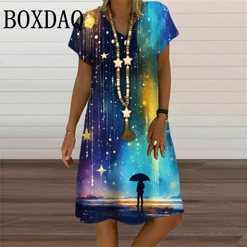 Tie Dye Gradient Dress Women Dream Starry Sky 3D Printed Dress Summer Casual Street Short Sleeve V-Neck Loose Dress Fashion 2024