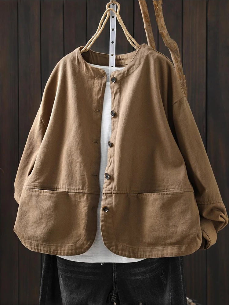 Abrigos informales de manga larga para mujer, chaquetas básicas de algodón con cuello redondo de estilo Simple, Color sólido, novedad de 2025, M2176