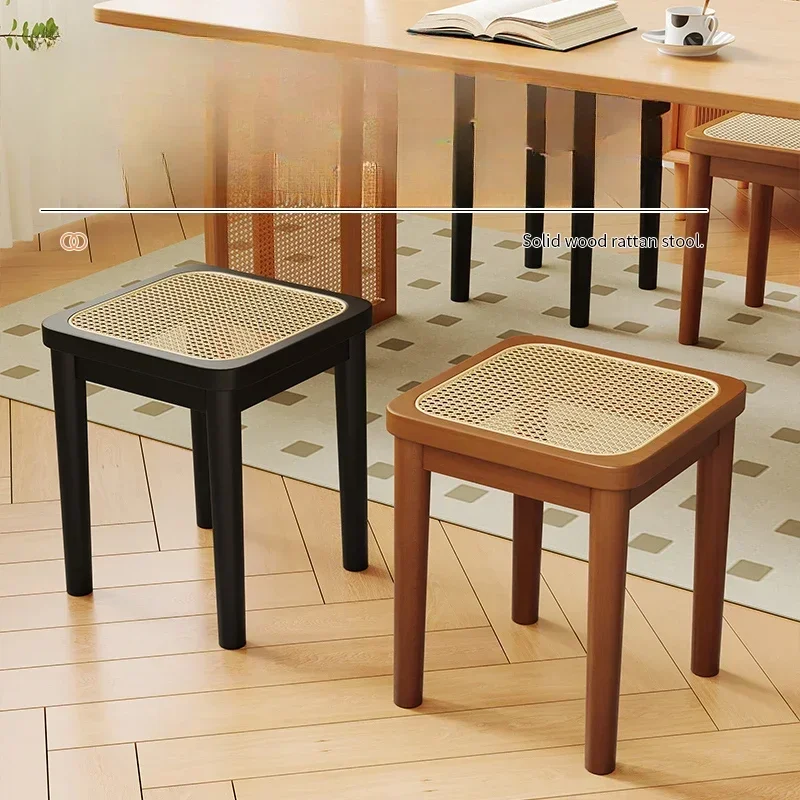 Bench Chair Solid Wood Square Stool Home Rattan Round Stackable Bedroom Makeup Chair Footrest Hallway Ottoman Room Furniture