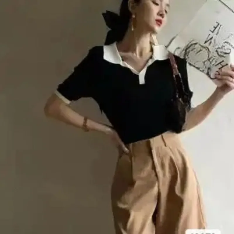 Knit T Shirt For Women V Neck Spring Summer Color Blocking Short Tees Versatile Vintage Korean Fashion Ropa De Mujer