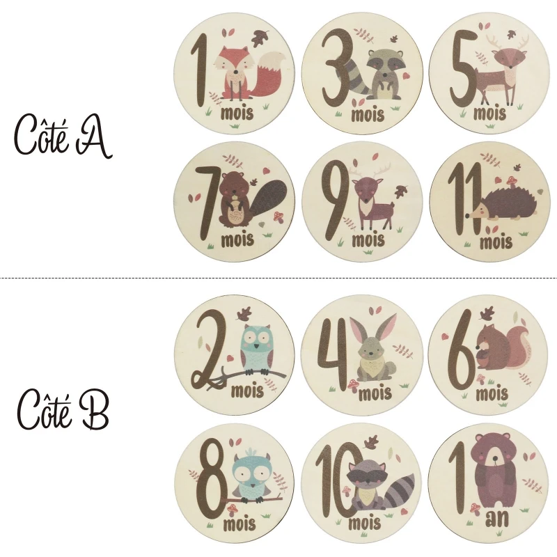 6 Pcs Cartoon Animal Printed Gender/Month Wooden Cards Newborn Monthly Recording Commemorative Cards Baby Milestone Card