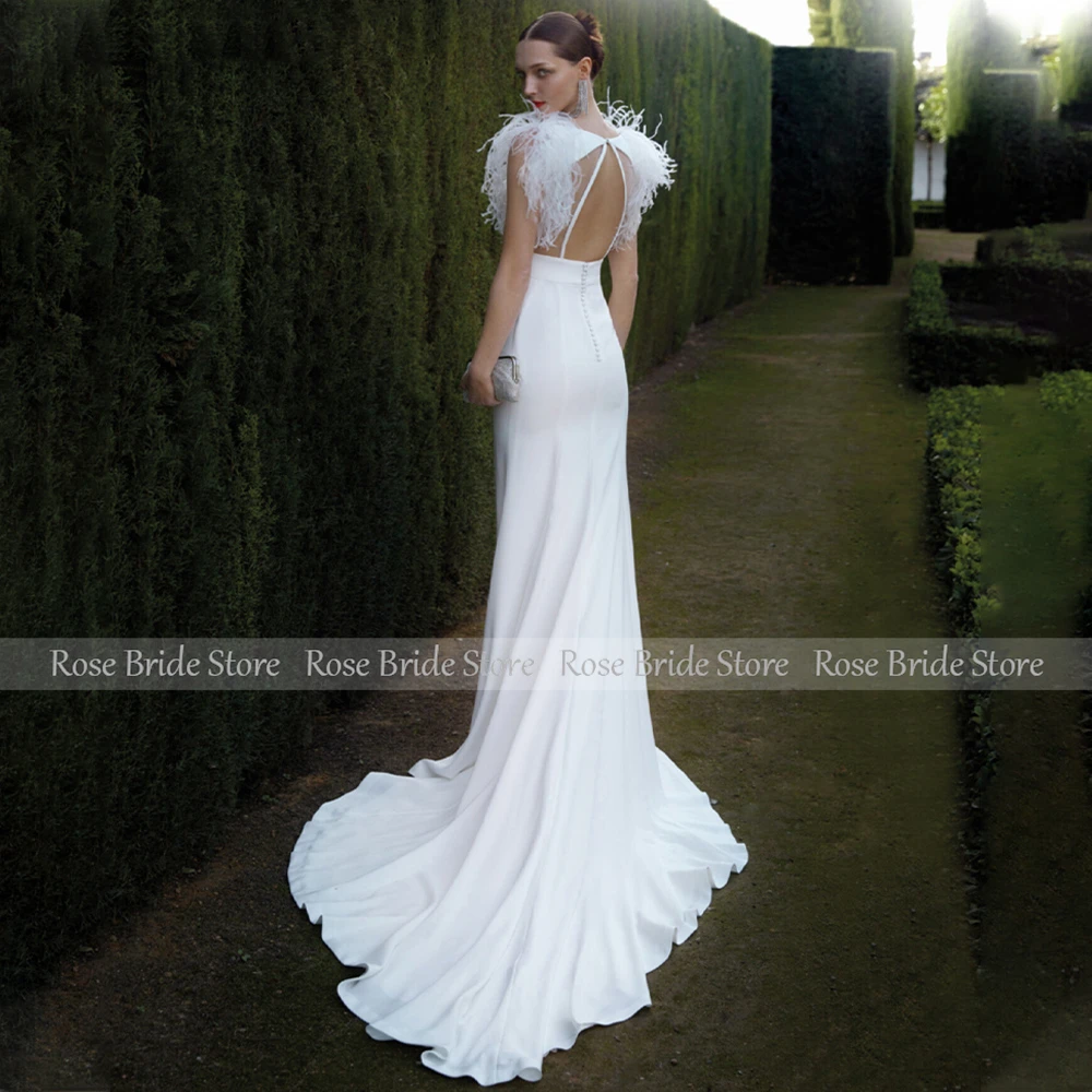 Mermaid Wedding Dress Whtie Feather O Neck Sleeveless Luxury  Gowns for Women 2023 Bride Backless Trumpet Bridal Dresses