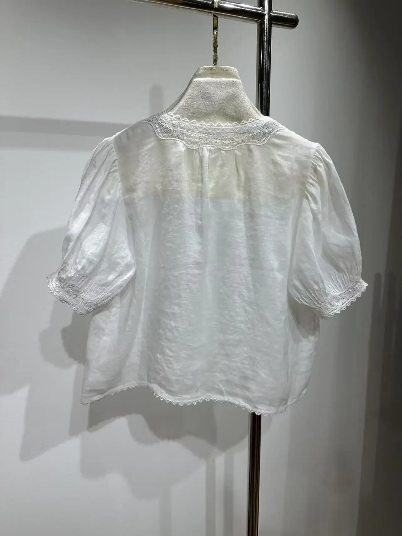 

White Embroidery Short Sleeve Ruffles Frilled Blouse Tops 2025 New Design