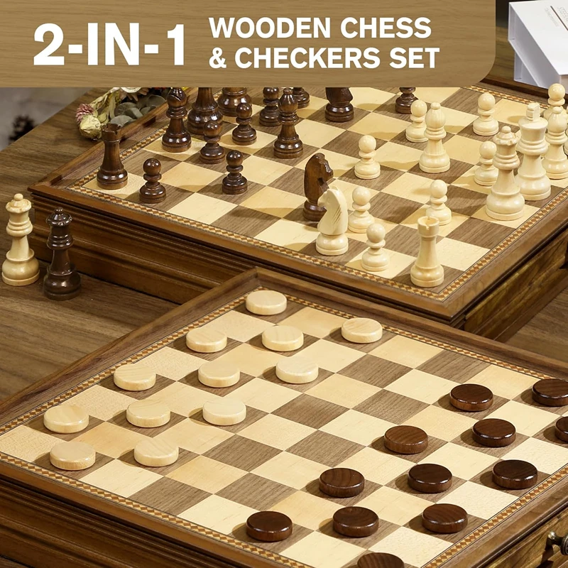 Desktop 2-in-1 Walnut Chess and Checkers Premium Game Set 32cm/12.6inch Chess Classic Game with Storage Drawer