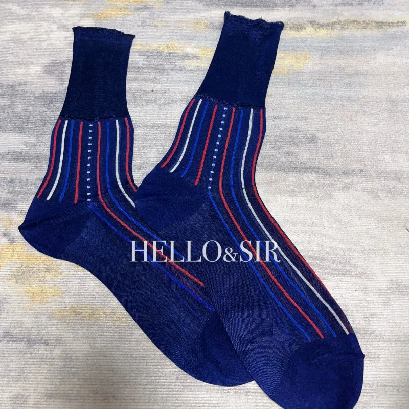 Mens Socks Vintage Blue Colorful Stripes Man Mid Tube Socks Gentleman Formal Male Dress Socks Sexy Exotic Sheer Nylon Stockings