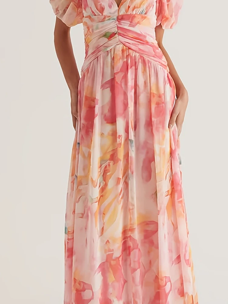 Mode hoge taille geplooide slanke feestjurk Casual korte mouw Boheemse lange jurk Elegante bloemenprint V-hals vakantiejurk