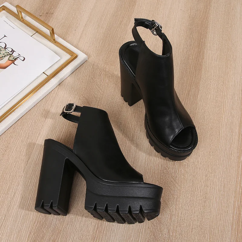 Summer New Thick Heeled Sandals Female Sexy Fish Mouth High Heels Roman Solid Colour Buckle Outside Non-slip Lightweight Shoes