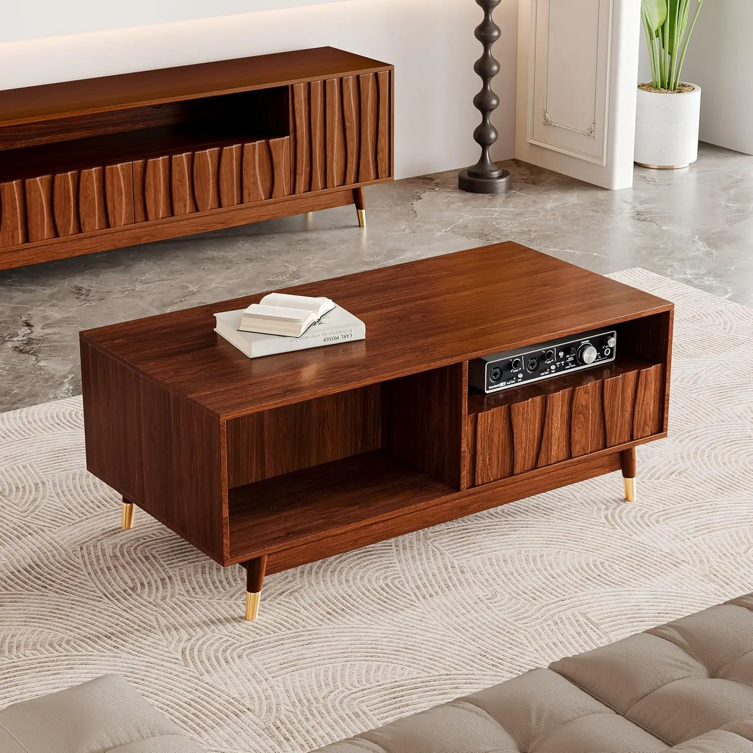 

47" Wood Coffee Table for Living Room Mid Century Modern Coffee Table with 2 Drawers and Open Storage Suitable for, Customized