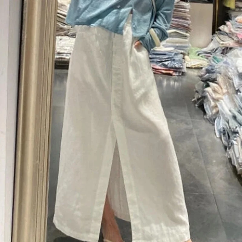 New Fashion White Linen Skirt Women French Elastic Waist Casual Loose Front Split Ramie Skirts A-line Solid Color Long Jupe