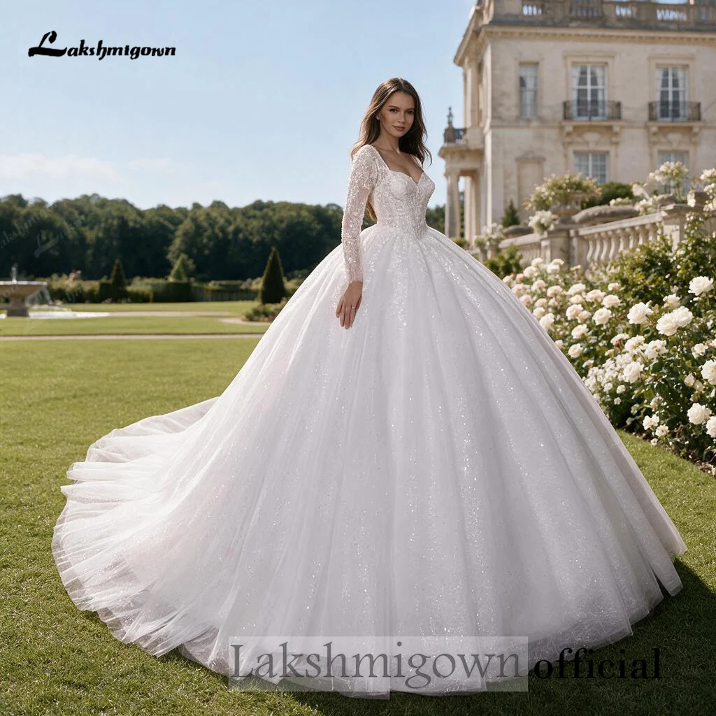 Lakshmigown Brautkleid mit langen Ärmeln, voller Glitzer-Tüll, A-Linie, Spitzenoberteil, Korsett-Rücken, Hofschleppe, maßgeschneidert – Detail 6