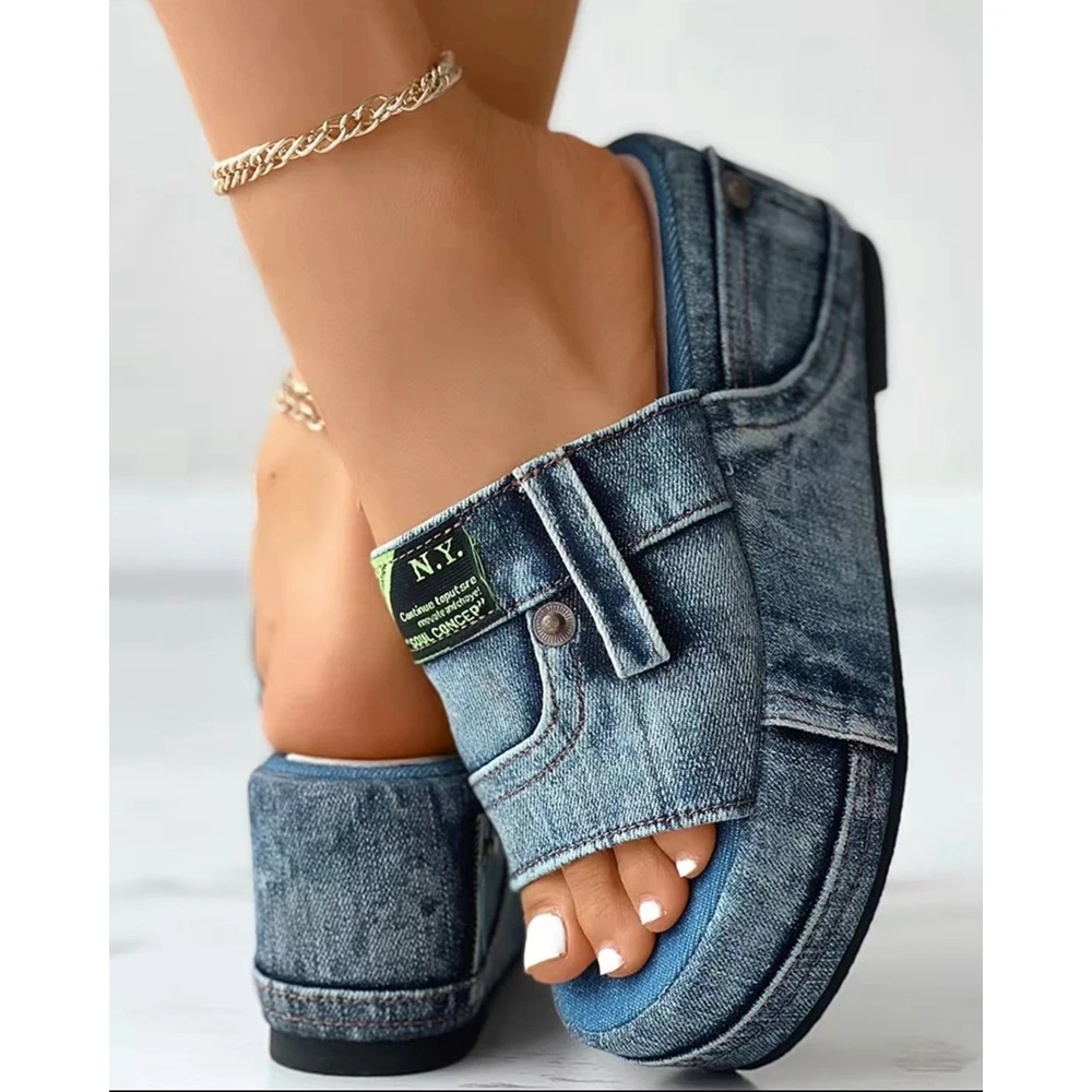 Platform Shoes Women Casual Letter Label Decor Denim Platform Slippers Summer Fashion Wide Strap Outdoor Slippers Femme Shoes
