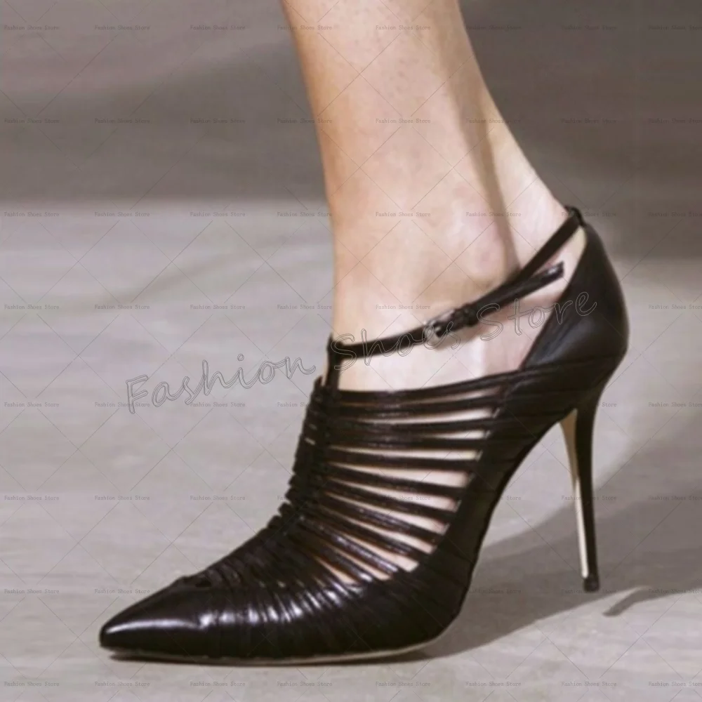 Czarne ażurowe czółenka z ostrym noskiem, matowa skóra, cienkie wysokie obcasy, buty na wysokim obcasie dla kobiet, obcasy 2025, nowe Zapatos Para Mujere