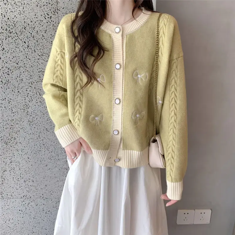 Women Autumn Winter Fashion Loose Bow O-neck Long Sleeve Knitwear Women Clothes Simplicity All-match Knitting Cardigan Coat Tops