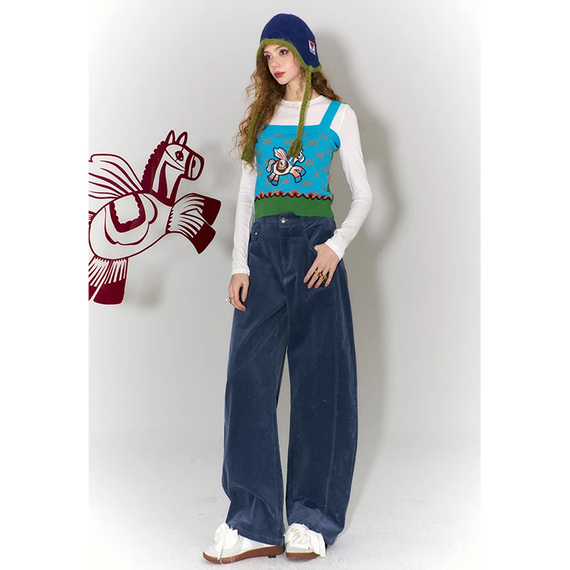 ELFSACK Women Knit Tank Top 2026 Autumn Winter Pony Velvet Patchwork Monogram Print Sweet Preppy Camisole