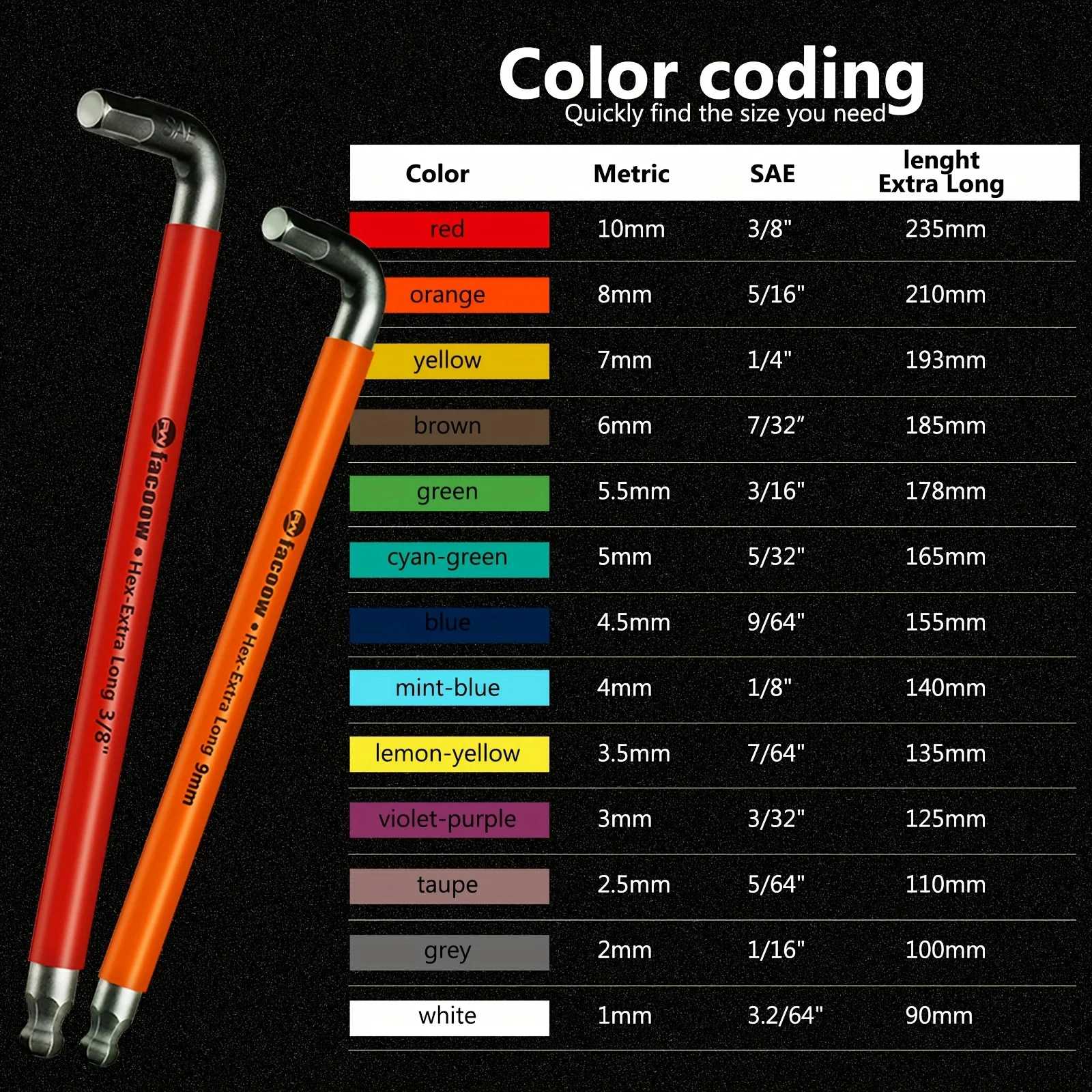 26 قطعة من مجموعات مفاتيح ألين، مجموعة مفاتيح سداسية متري وSAE، مجموعات مفاتيح ألين شديدة التحمل بذراع طويلة جدًا، مفاتيح سداسية ذات نهاية كروية، سلكية ملونة