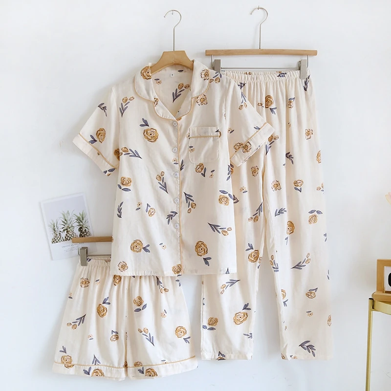 

3pcs Pj Set Women's Cotton Flower Print Pajama Short Sleeve Lapel Top And Shorts And Pants Comfortable Relaxed Fit For Summer