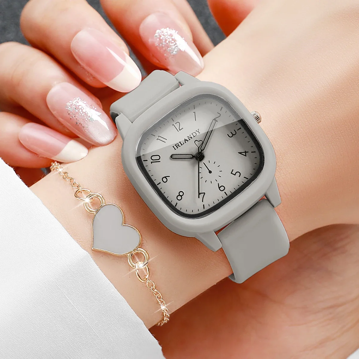 2PCS Fashion Arabic Square Women Watch Heart Bracelet Set Silicone Strap Ladies Quartz Wristwatches Relogio Feminino(Without Box