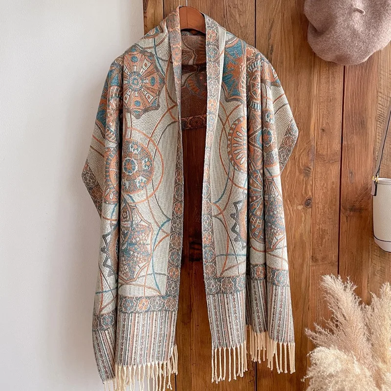 Retro Tassel Shawl Ethnic Style Scarf Women\'s Imitation Cashmere Cape Literary Festival Warm Autumn and Winter Ethnic Style New