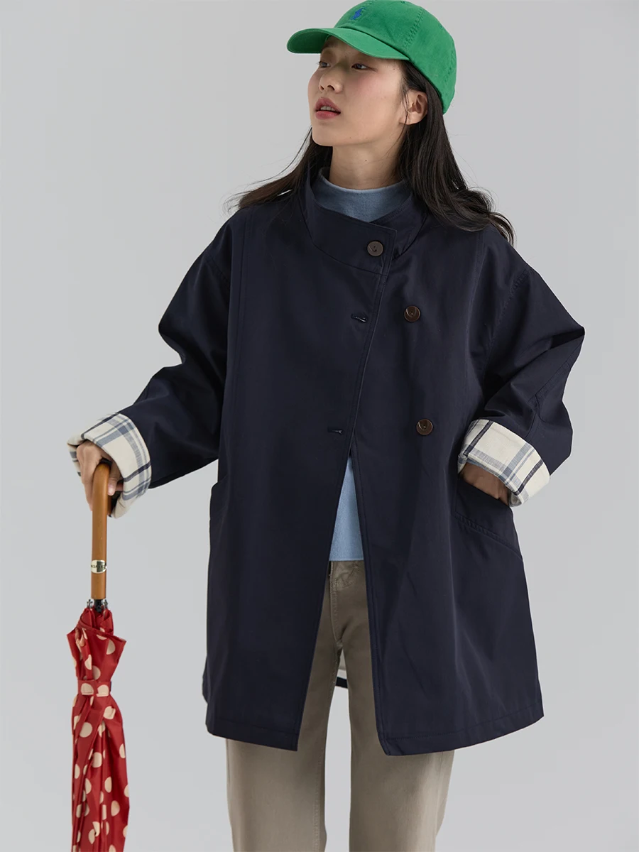 

Spring New Sle Dwind2026 Women's Commute Cotton Blend Coat Stand Collar Midi Length Pure Color Top Korean Version