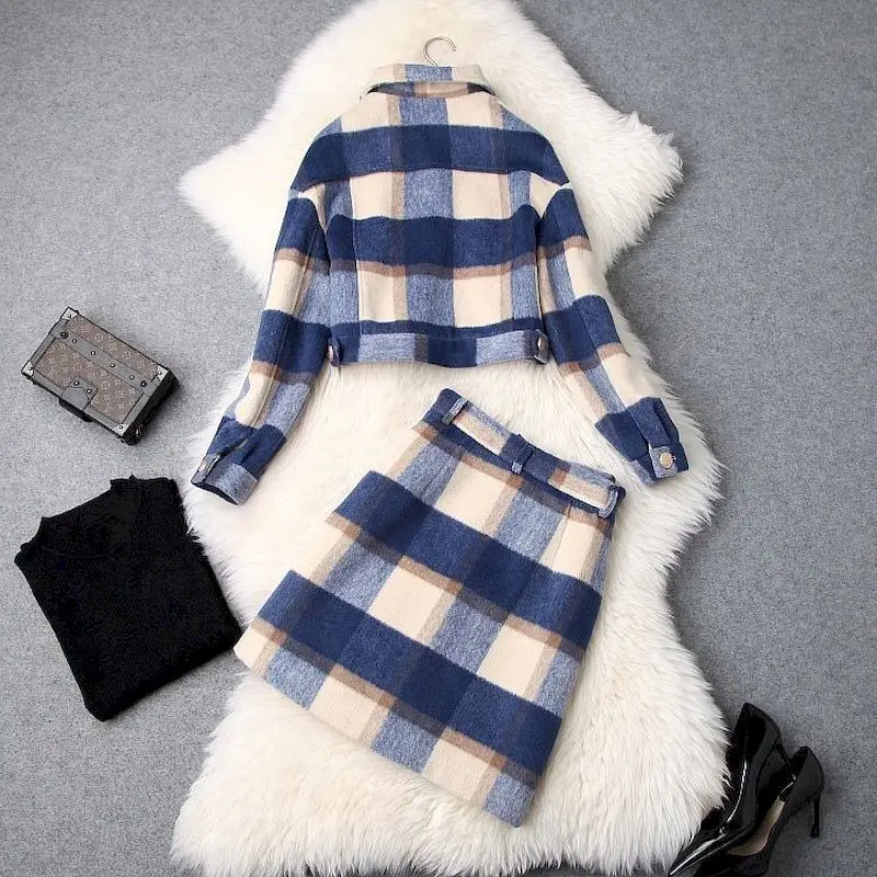 Autumn Winter Skirts Suits Women Fashion Woolen Plaid Skirt Ladies Temperament Blouse Casual 2 Piece Sets Women Clothes 2022 New