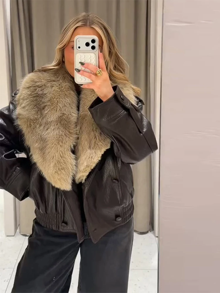 Módní PU kožená krátká bunda s kožešinovým límcem, kontrastní dvouřadý teplý kabát, dámský podzim/zima 2025, nové svrchní oblečení - náhled 4