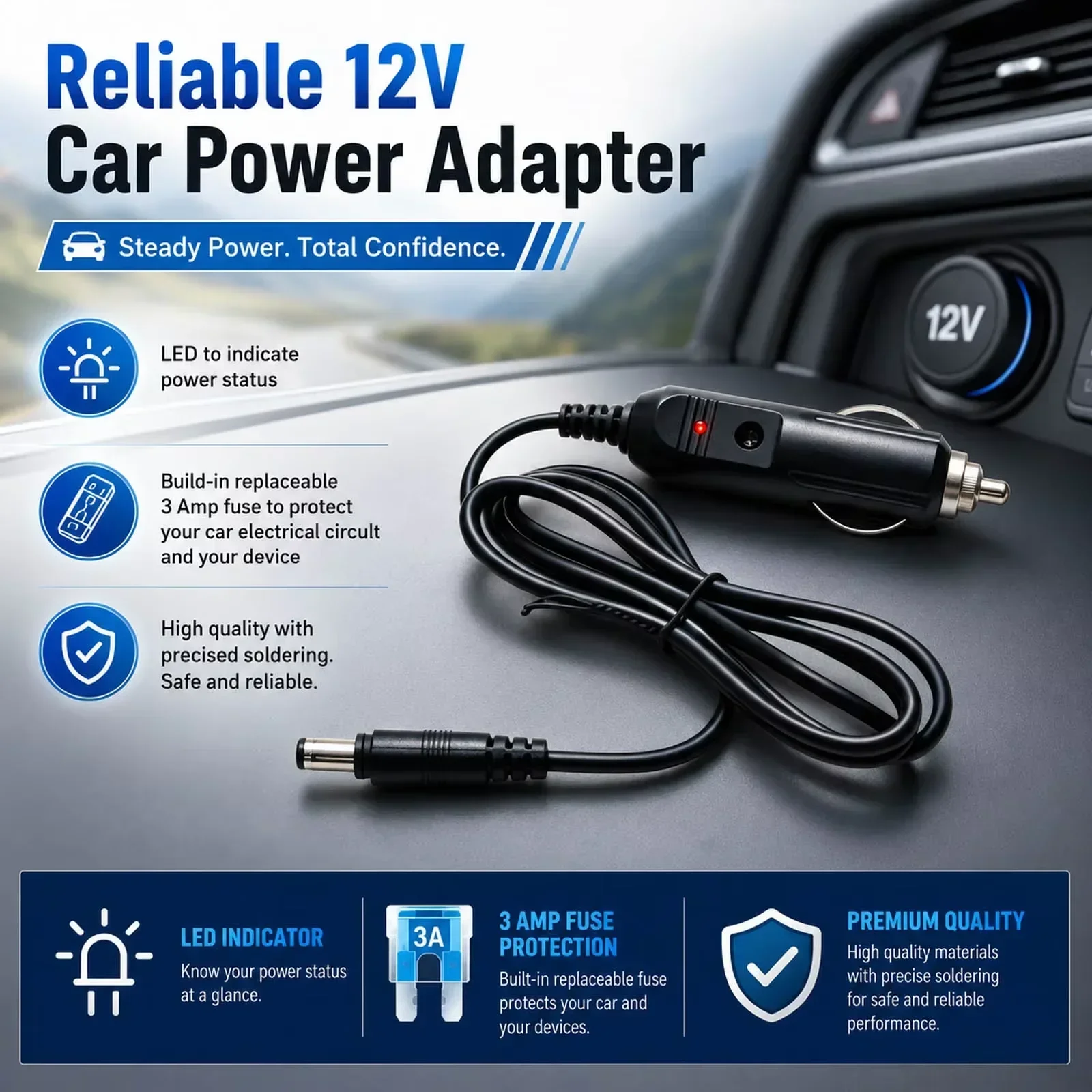 12V DC Car Charger Power Suppy Cable Cord Cigarette Lighter Plug 5.5mm X 2.1mm Auto Accessories