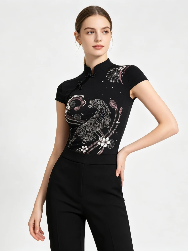 Y2K New Chinese Style Cheongsam Top Women Mandarin Collar Frog Fastener Tiger Flower Printed Cap Sleeve Slim Fitted Short Tee