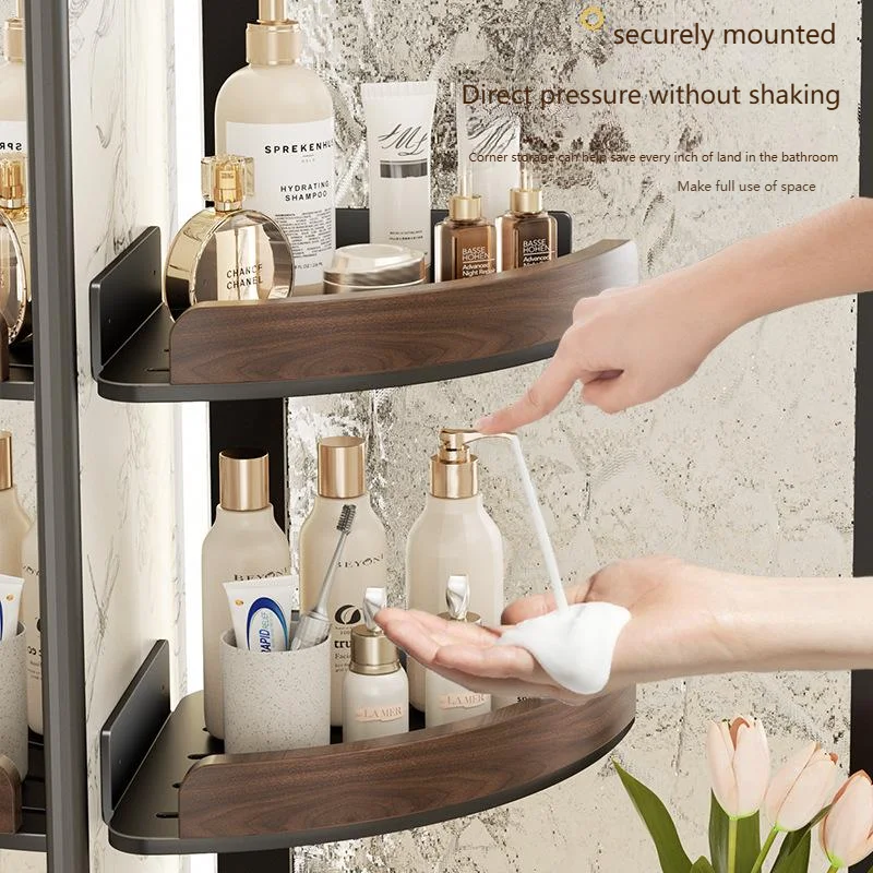 Estante de Almacenamiento para Baño de Madera de Nogal, Estantes para Champú y Artículos de Ducha, Montaje en Pared sin Taladrar, Estante Esquinero para Ducha