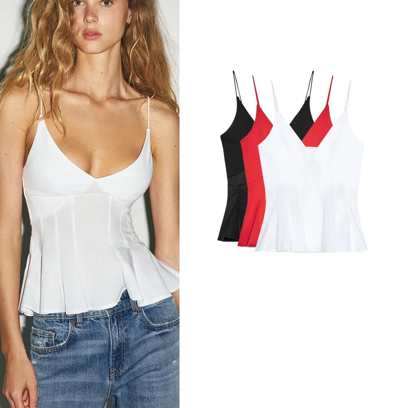 เสื้อกล้ามผ้าไหมผสมแฟชั่นฤดูร้อนสำหรับผู้หญิง พร้อมกระโปรงชายระบาย สายเดี่ยว คอวี ทรงเข้ารูป ใส่ได้หลากหลาย