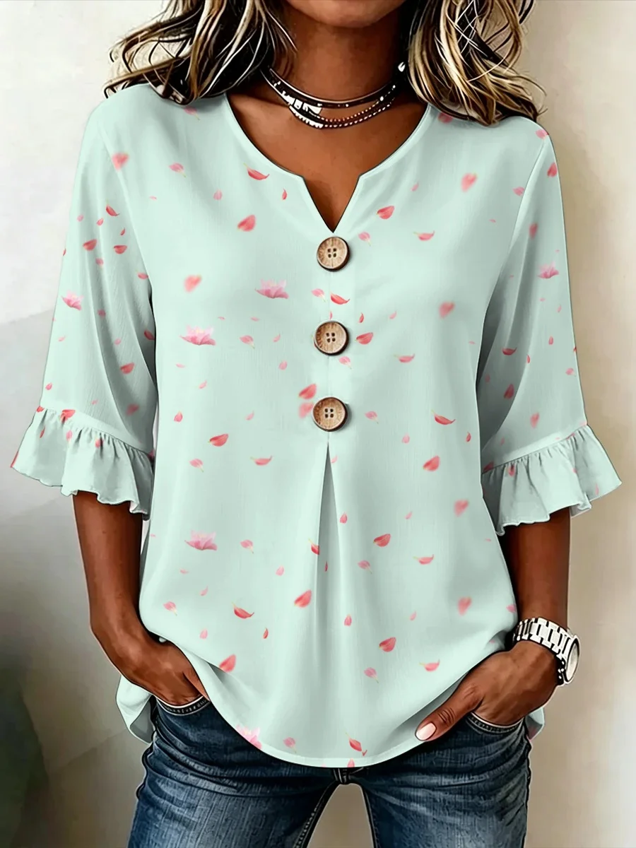 Women Summer 3/4‑Sleeve V‑Neck Printed Blouse, Minimal Petal‑Print Top, Romantic & Elegant for Date Relax Commute Casual Wear