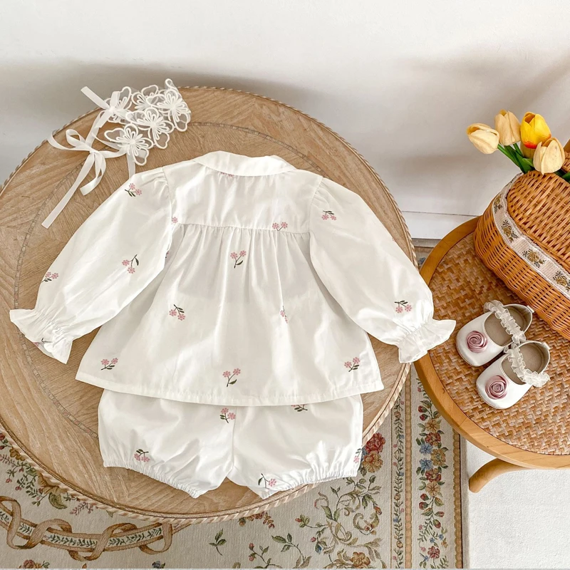 Autumn new style 0-3 years old baby clothing baby girl long-sleeved embroidered cardigan + bread pants two-piece set