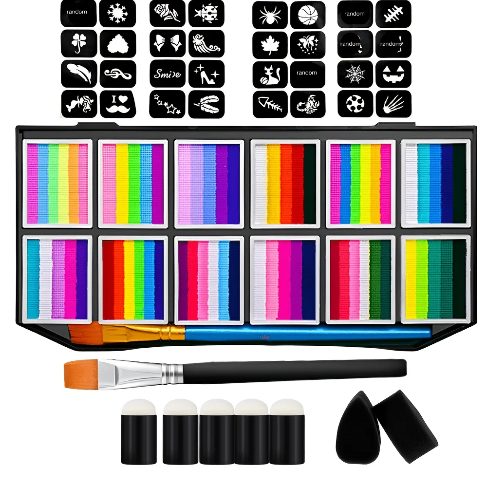

65-Color Face and Body Paint Palette + 32 Stencils, Bright and Long-Lasting Colors, Suitable for Festival Party Face Makeup, Bod