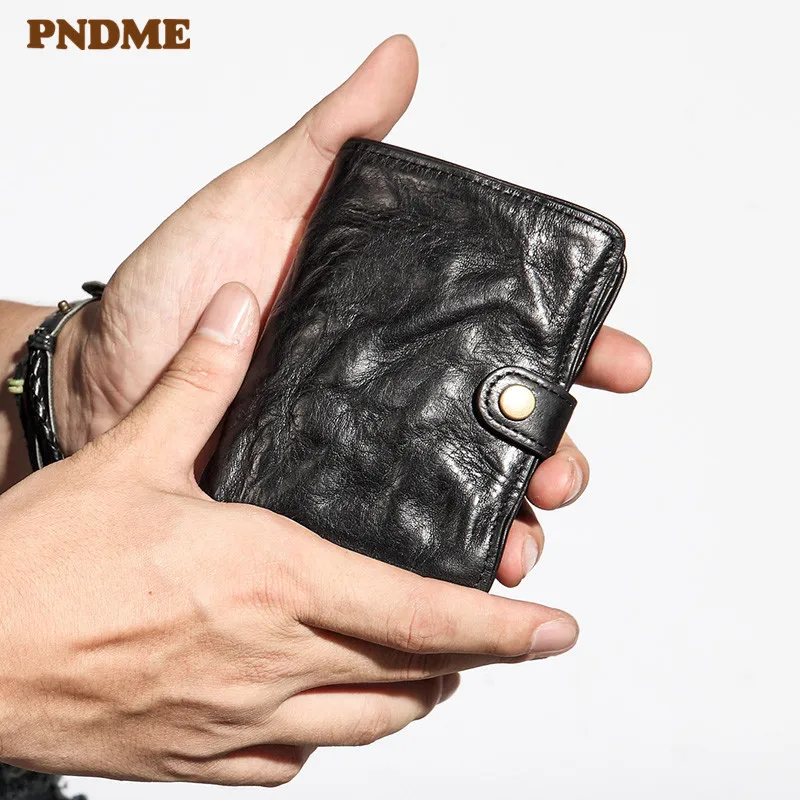 

Fashion pleated genuine leather men's short small wallet vintage designer luxury real cowhide designer handmade teens coin purse