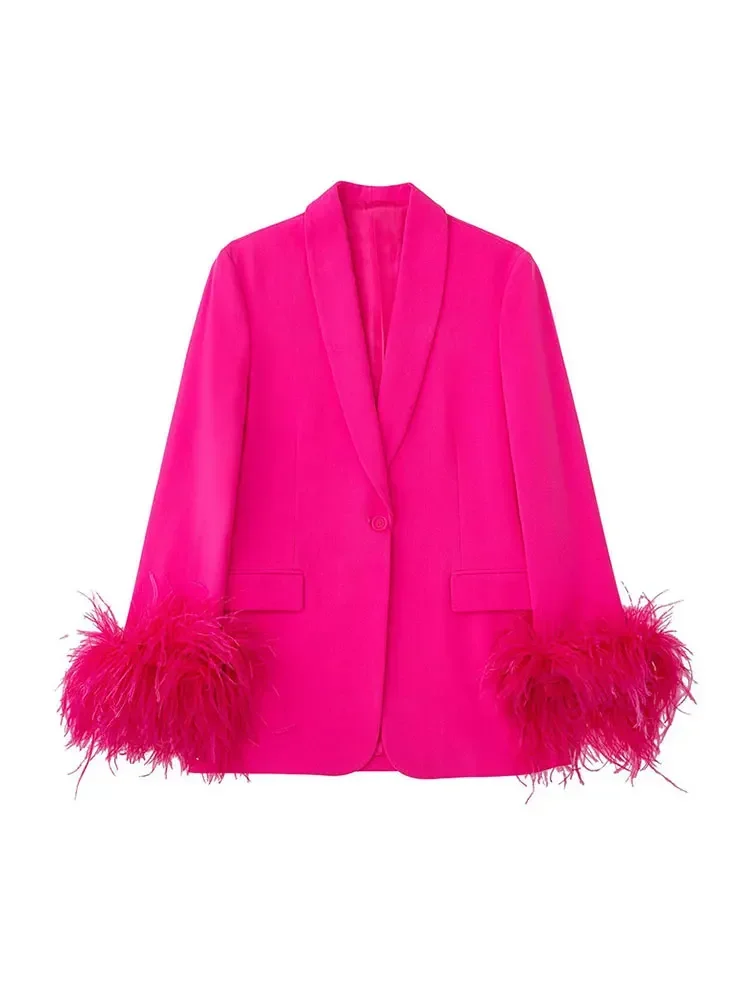 Blazer con manga de plumas para mujer, conjunto de 2 piezas, Elegante, sólido, para oficina, primavera, 2024