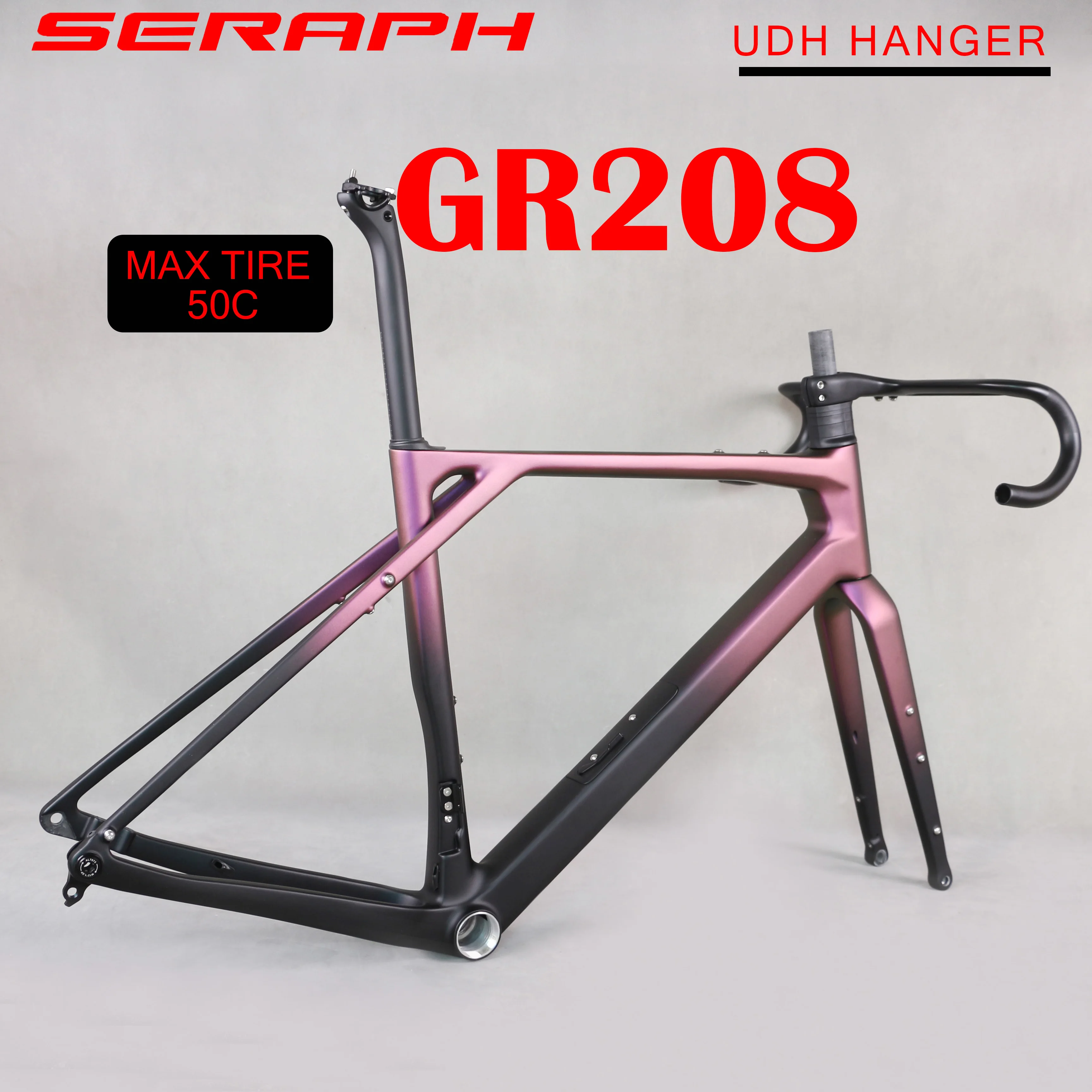 

chameleon color Full Carbon Gravel Bike Frame, Disc Brake, Hidden Cable, Bicycle Frameset, Max Tire 50C UDH hanger