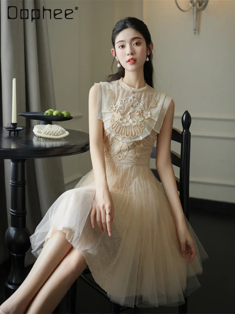 Vestido tutú de malla sin mangas de alta gama para mujer, minivestido ajustado a la moda con bordado elegante, vestidos de noche para fiesta de cumpleaños