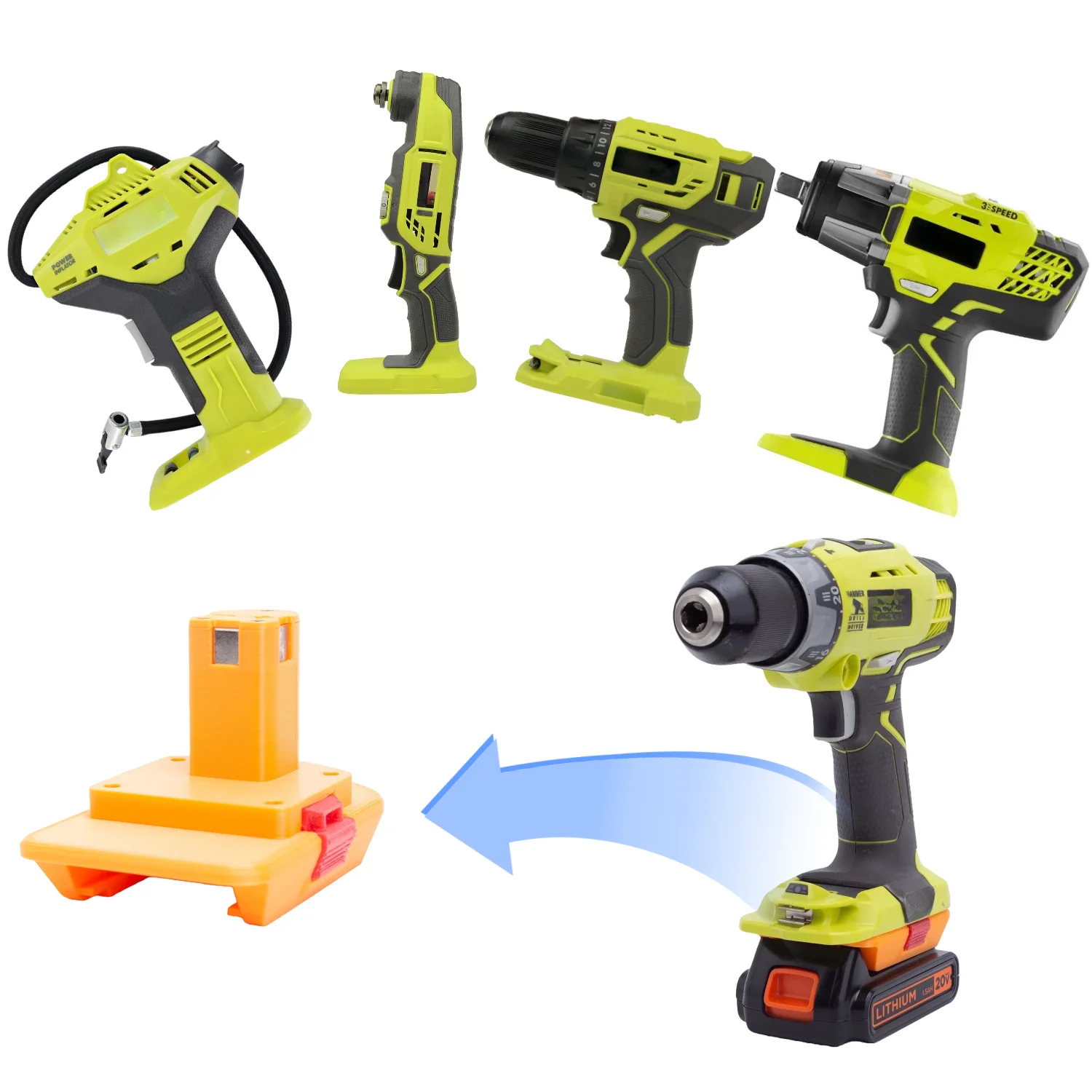 

Адаптер/конвертер для аккумуляторов BLACK+DECKER 20V Series Li-ion для беспроводных электроинструментов Ryobi 18V ONE+ Series (только адаптер)