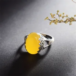 Hollow carved border natural chalcedony ring white red green yellow gemstone opening adjustable women's ring Charm jewelry Gift