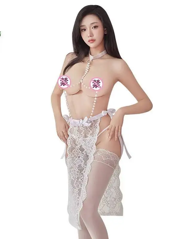 مثير المرأة الدانتيل تقليم Bowknot موحدة الرسن اللؤلؤ انظر من خلال ثوب النوم الساخن فستان أنيق موضة شبكة فستان الدانتيل SLL8