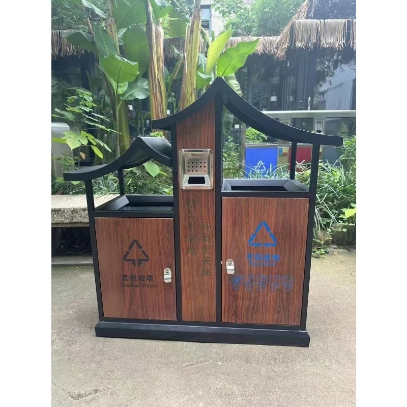 Trash can, outdoor solid wood anti-corrosion wooden garbage can, park wooden garbage sorting box