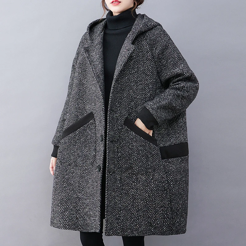 Outono inverno novo sle floco de neve casaco de lã jaet plus size feminino com capuz longo sve comprimento médio de seda emagrecimento na moda w...